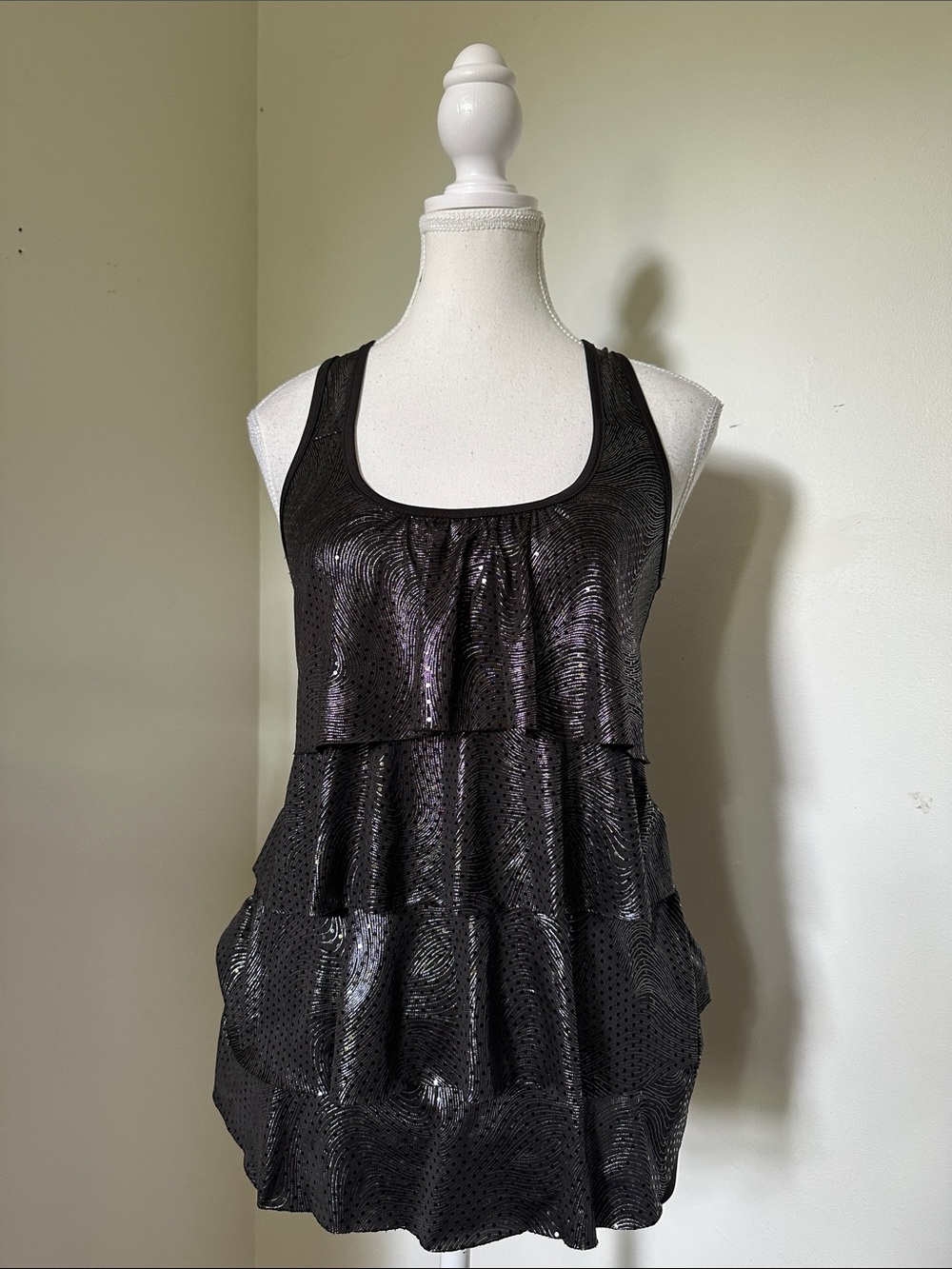 SUZY SHIER Black Metallic Y2K Tiered Ruffle Whimsigoth Party Tank Top Medium